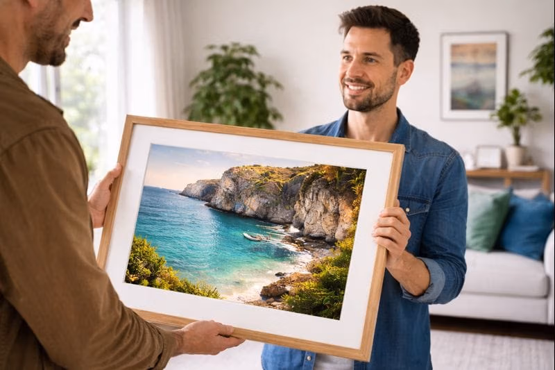 Cliente satisfeito ao receber seu quadro pronto